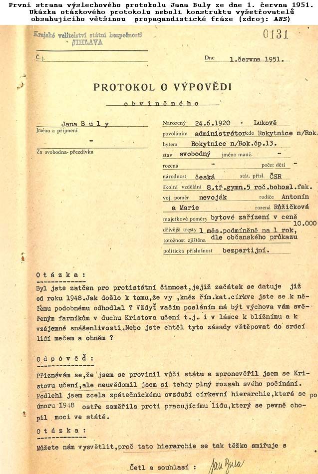 The first page of a typed interrogation protocol of the accused Jan Bula, headed by the Jihlava regional command of State Security and dated 1 June 1951, printed question and answer, signed at the foot