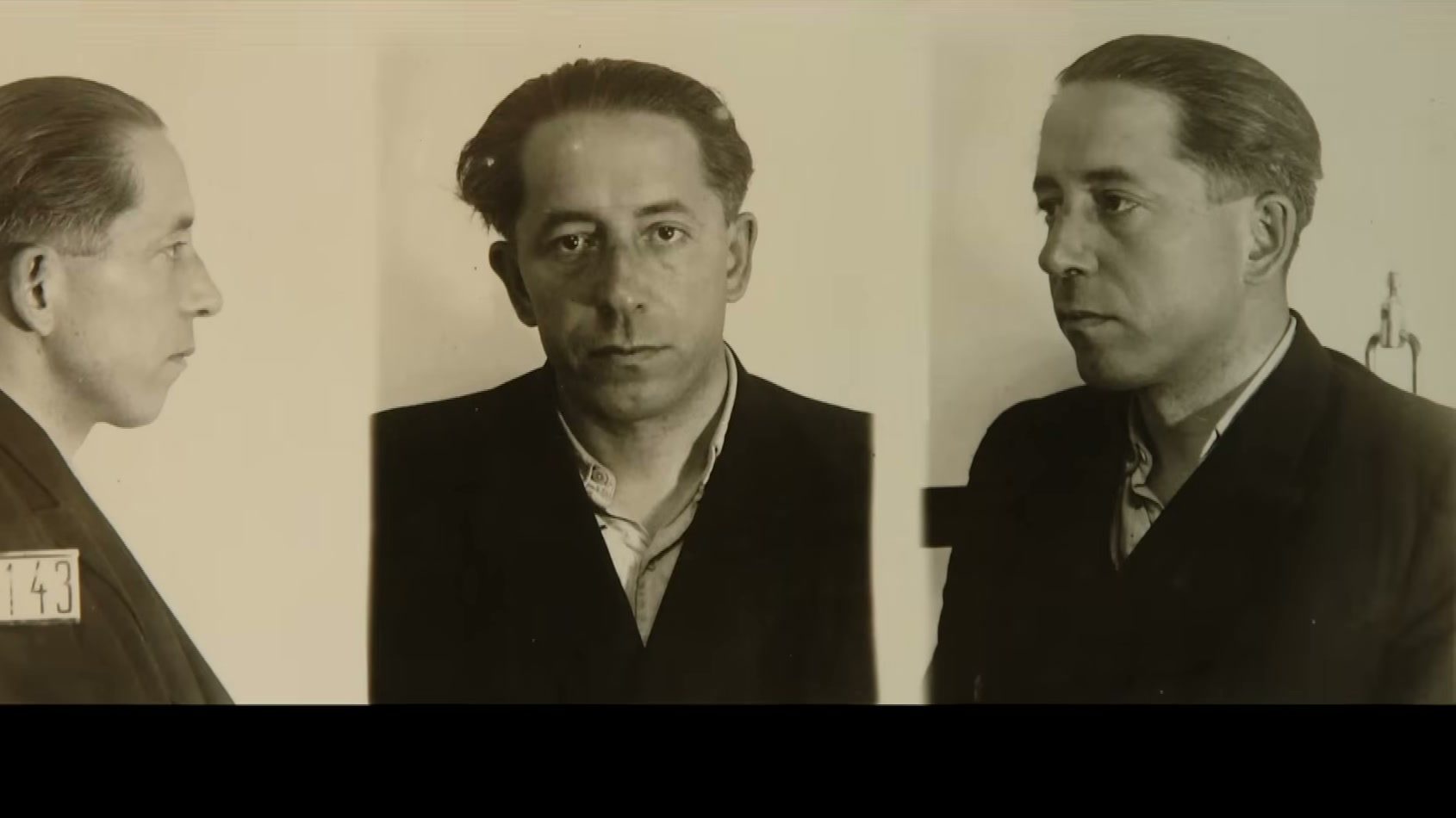 A police mugshot sheet, the same man photographed in profile, full face and half profile, a board numbered 143 pinned to his jacket in the profile view