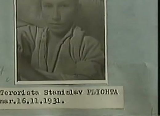A photograph of a young man in a light shirt mounted on a file sheet, the typed caption below it naming the terrorist Stanislav Plichta, born 16 November 1931