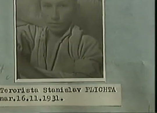 A photograph of a young man in a light shirt mounted on a file sheet, the typed caption below it naming the terrorist Stanislav Plichta, born 16 November 1931