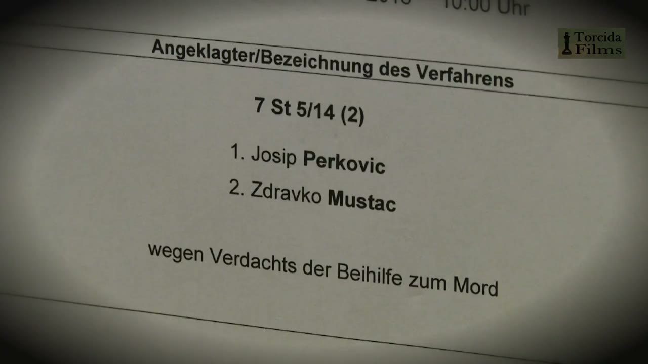A printed court list photographed at an angle, headed defendant and description of proceedings, case number 7 St 5/14 with 1. Josip Perkovic and 2. Zdravko Mustac listed beneath it and the line on suspicion of aiding a murder
