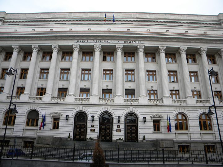 The facade of the National Bank of Romania in Bucharest, columns and the inscription Banca Nationala a Romaniei