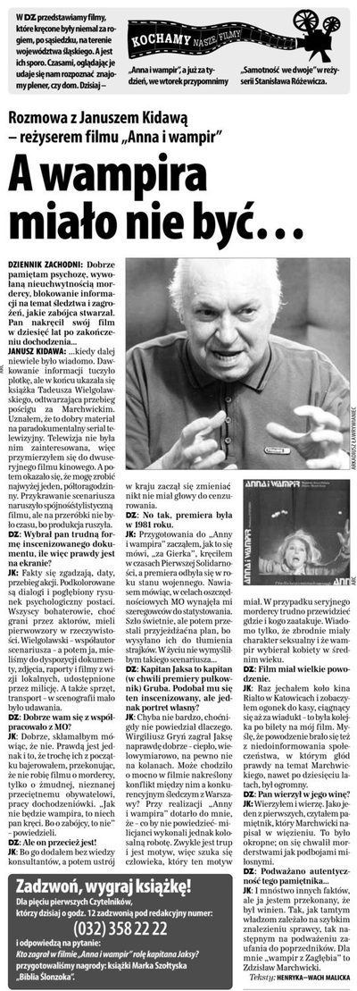 A Polish newspaper page carrying an interview with Janusz Kidawa, director of the film Anna i wampir, his photograph at the desk and the film poster beside it