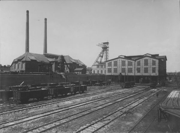 The Jowisz coal mine at Wojkowice in the Dabrowa Basin, pit-head buildings and a winding tower