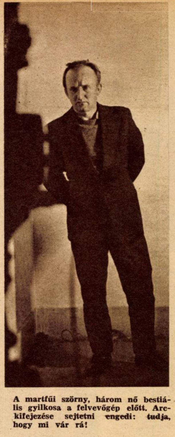 Full length press photograph of Peter Kovacs standing under studio lights, with the printed Hungarian caption beneath it