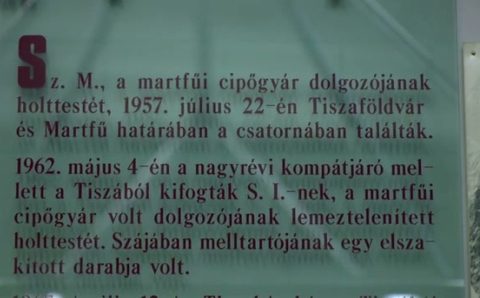 A museum exhibit panel in Hungarian summarising the 1957 and 1962 deaths, the victims given by their initials
