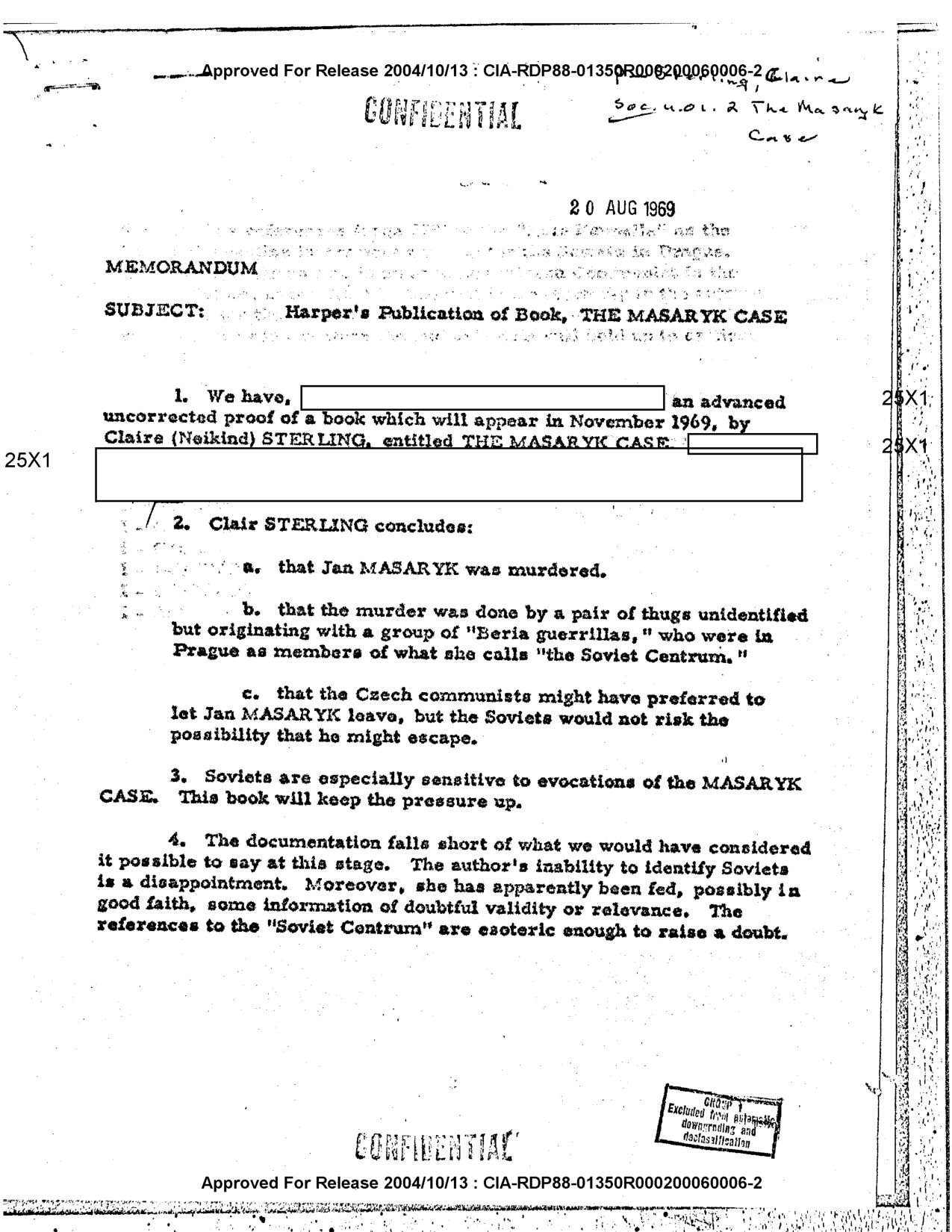 First page of a CIA memorandum dated 20 August 1969, subject: Harper's publication of the book The Masaryk Case