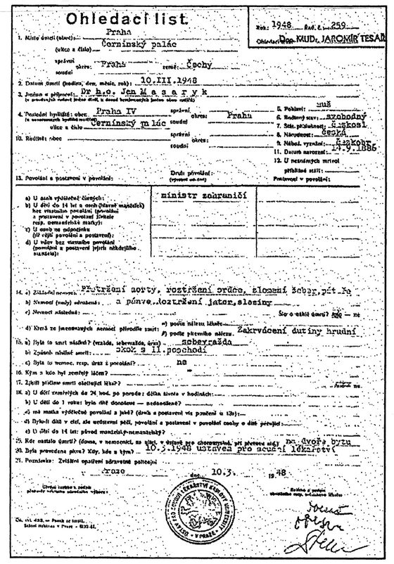 The typed form headed Ohledací list, numbered 259 for 1948, naming Dr h. c. Jan Masaryk, minister of foreign affairs, the place of death the courtyard of his flat, dated 10 March 1948, with the manner of death written in by hand and the institute's stamp and signatures at the foot