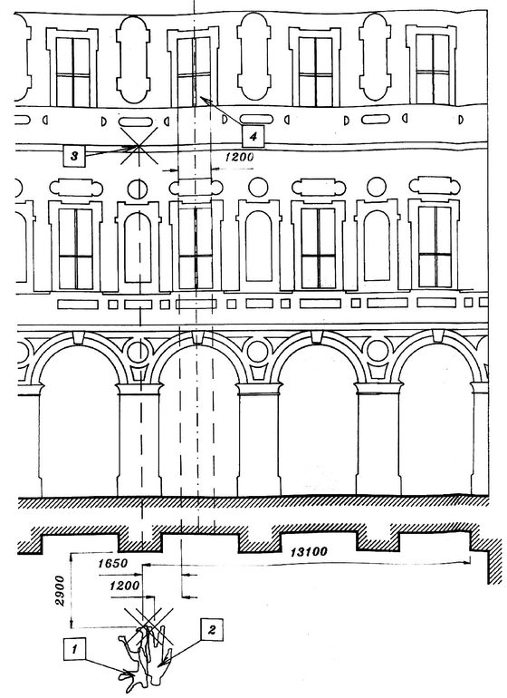 A measured elevation of the courtyard facade with a plan of the yard below it: the bathroom window marked 4 on the upper floor, a point marked 3 on the cornice beneath it, and the body marked 1 and 2 on the paving at 2900 millimetres from the wall and 13100 from the side wall