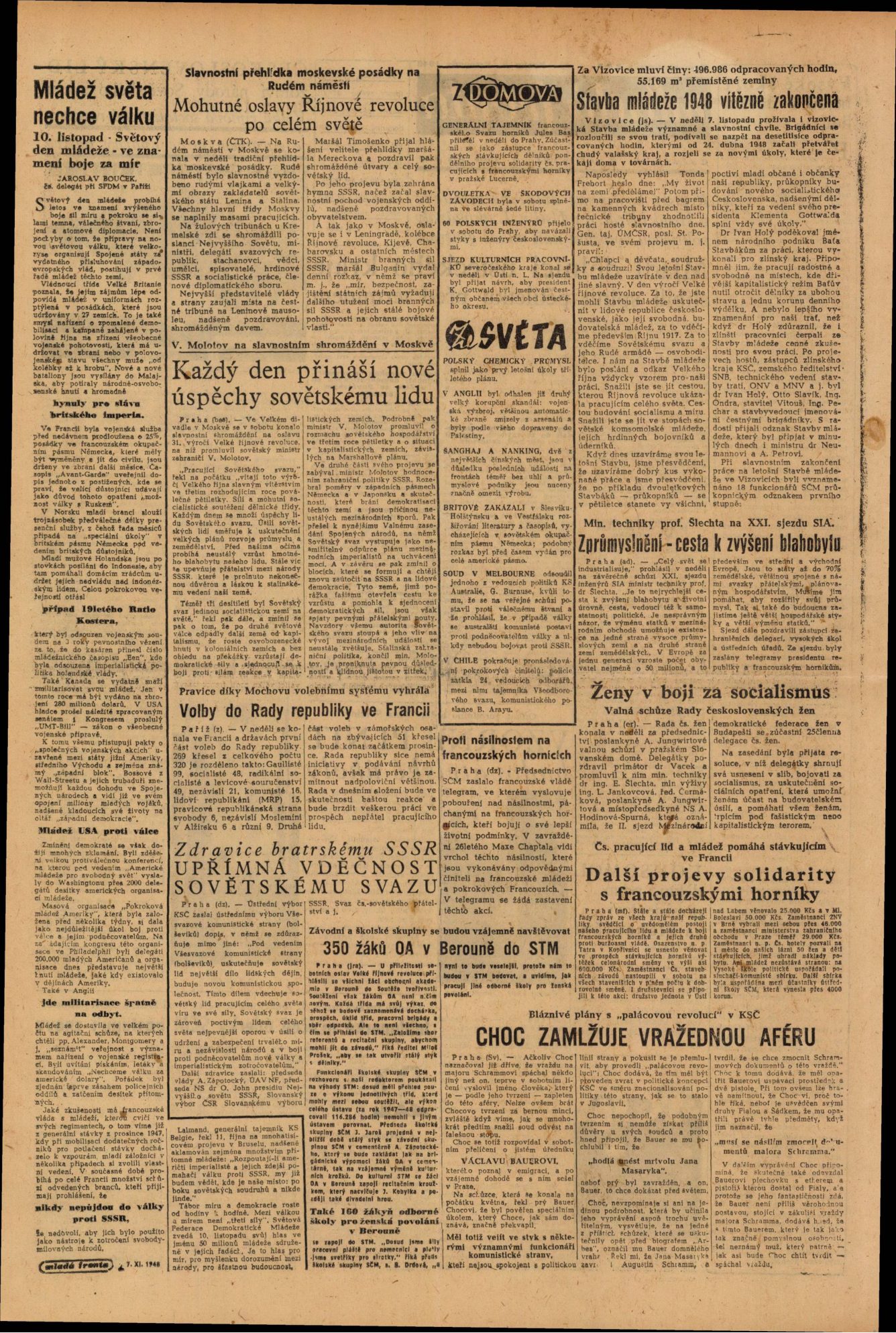 A page of Mladá fronta of November 1948 carrying at its foot the report headed Choc zamlžuje vražednou aféru, Choc obscures the murder affair, on the trial for the killing of Augustin Schramm