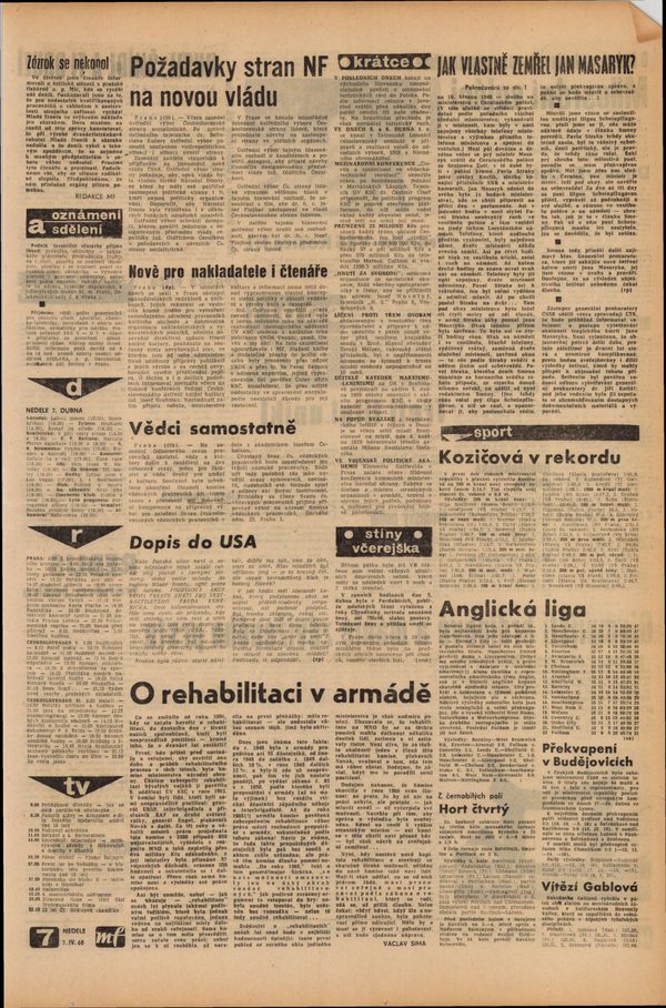 A page of the Prague daily Mladá fronta of Sunday 7 April 1968 with the headline Jak vlastně zemřel Jan Masaryk, How did Jan Masaryk really die, running down the right hand column