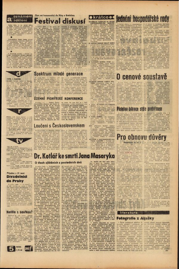 A page of Mladá fronta of Friday 7 June 1968 with the headline Dr. Kotlář ke smrti Jana Masaryka, Dr Kotlář on the death of Jan Masaryk, and the standfirst O třech zjištěních z posledních dnů, on three findings of the last few days