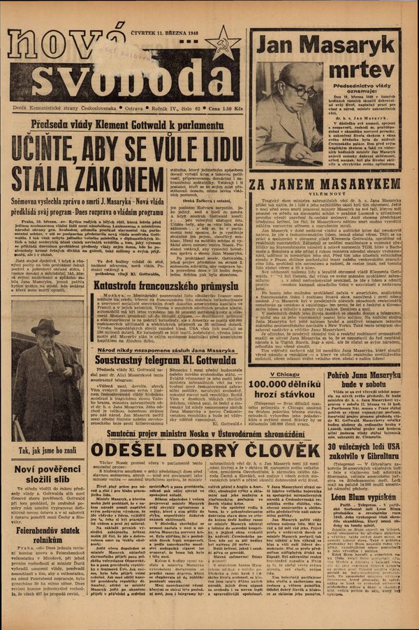 The front page of Nová svoboda of Thursday 11 March 1948, with a portrait of Jan Masaryk at his desk under the headline Jan Masaryk mrtev, Jan Masaryk dead, and the government presidium's announcement beneath it