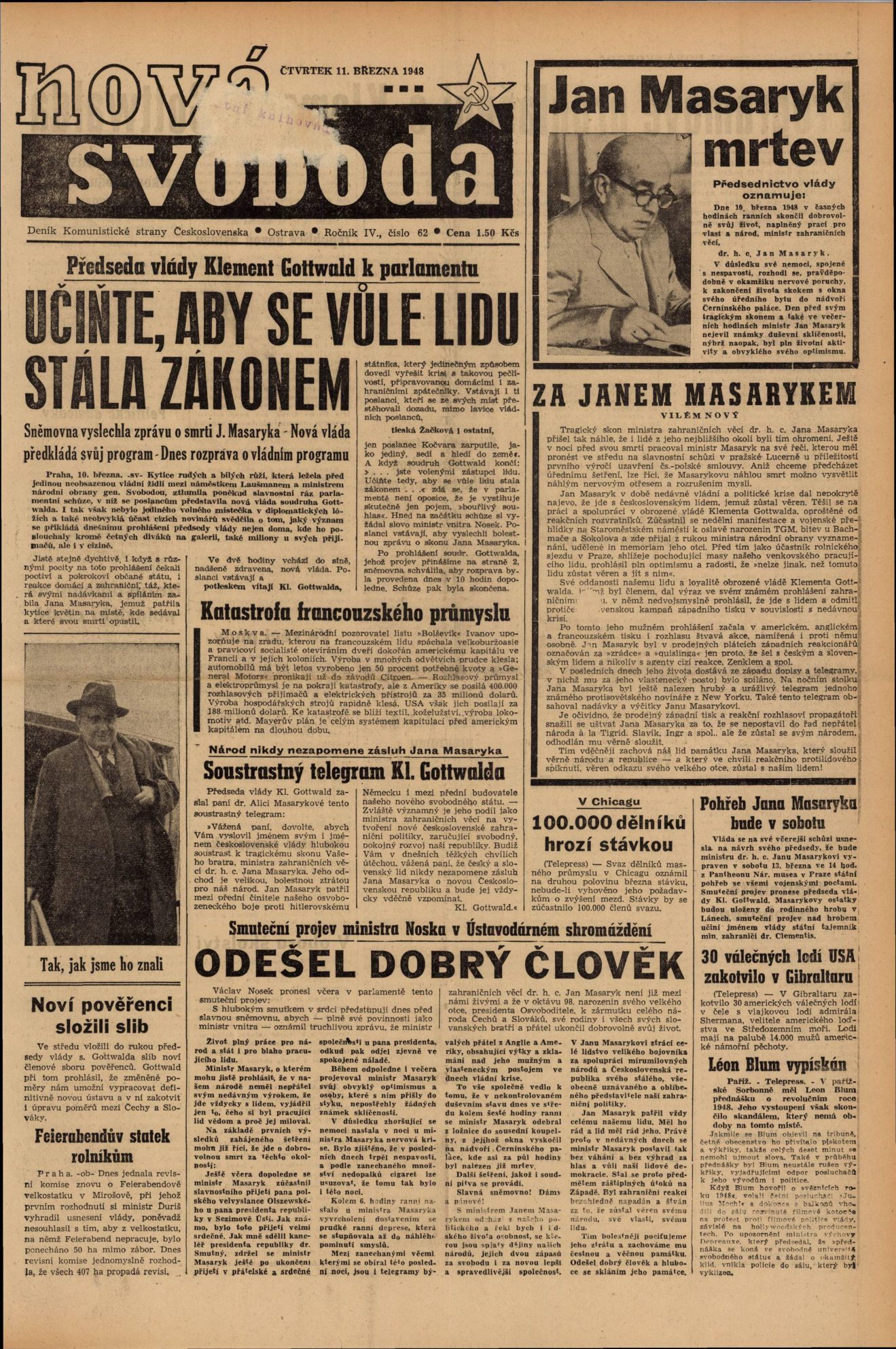 The front page of Nová svoboda of Thursday 11 March 1948, with a portrait of Jan Masaryk at his desk under the headline Jan Masaryk mrtev, Jan Masaryk dead, and the government presidium's announcement beneath it