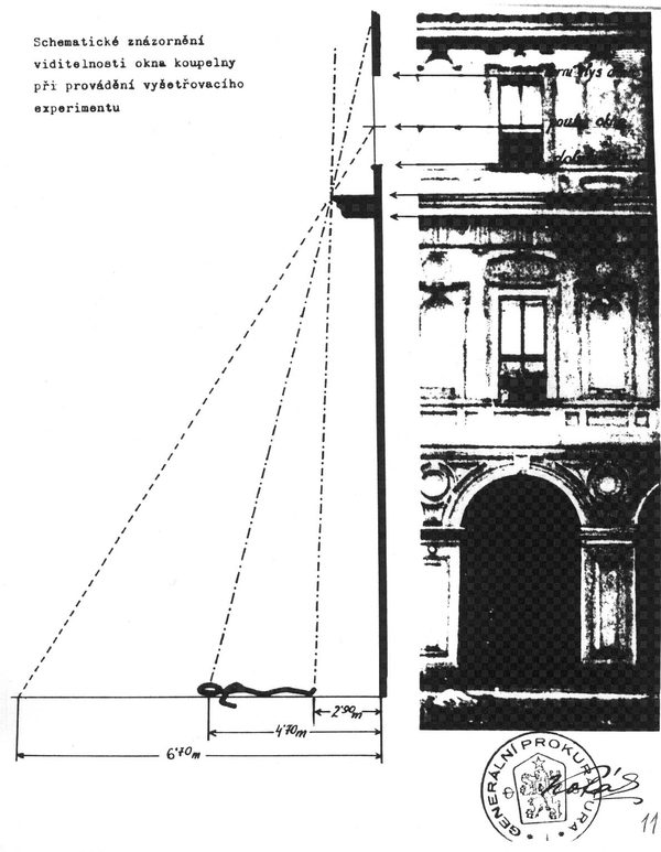 A schematic drawing of the visibility of the bathroom window during the investigative experiment: sight lines from three standpoints in the courtyard at 2.90, 4.70 and 6.70 metres from the wall, an outline of the body on the paving, a strip of the facade photograph at the right and the Prosecutor General's stamp
