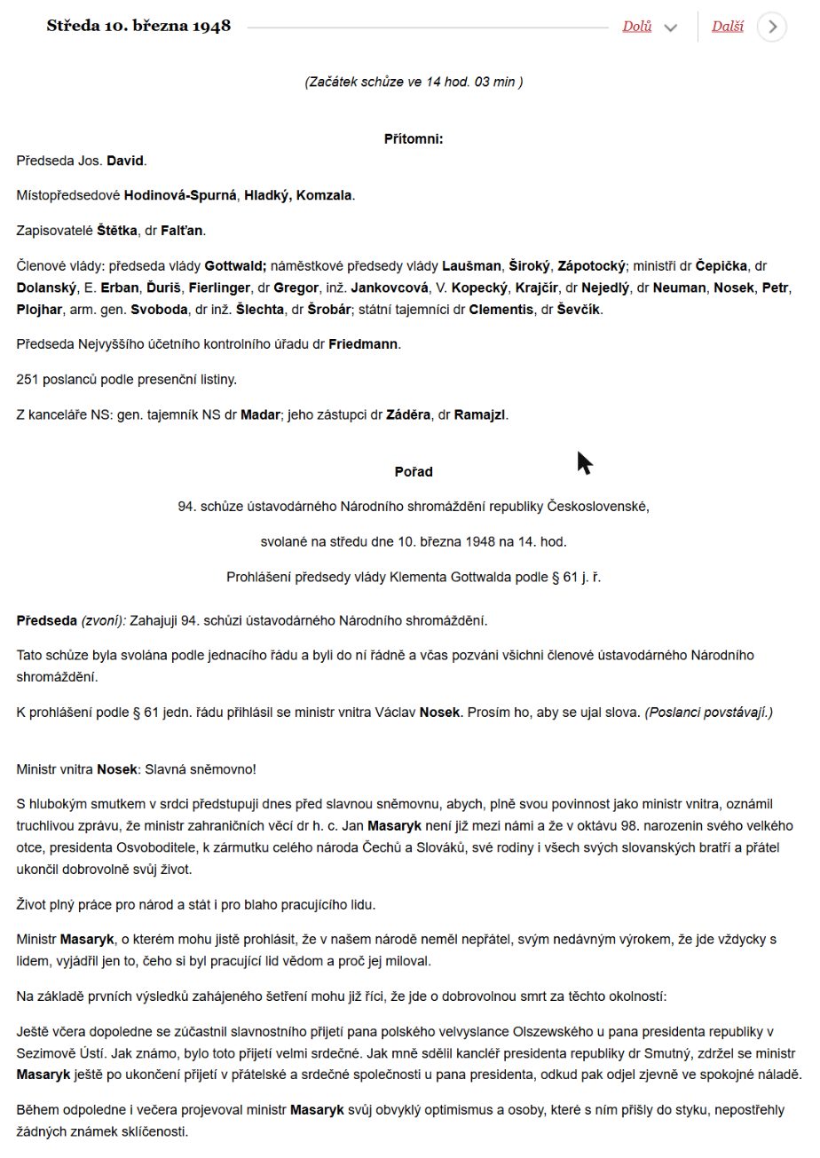 The first page of the stenographic record of the National Assembly sitting of 10 March 1948