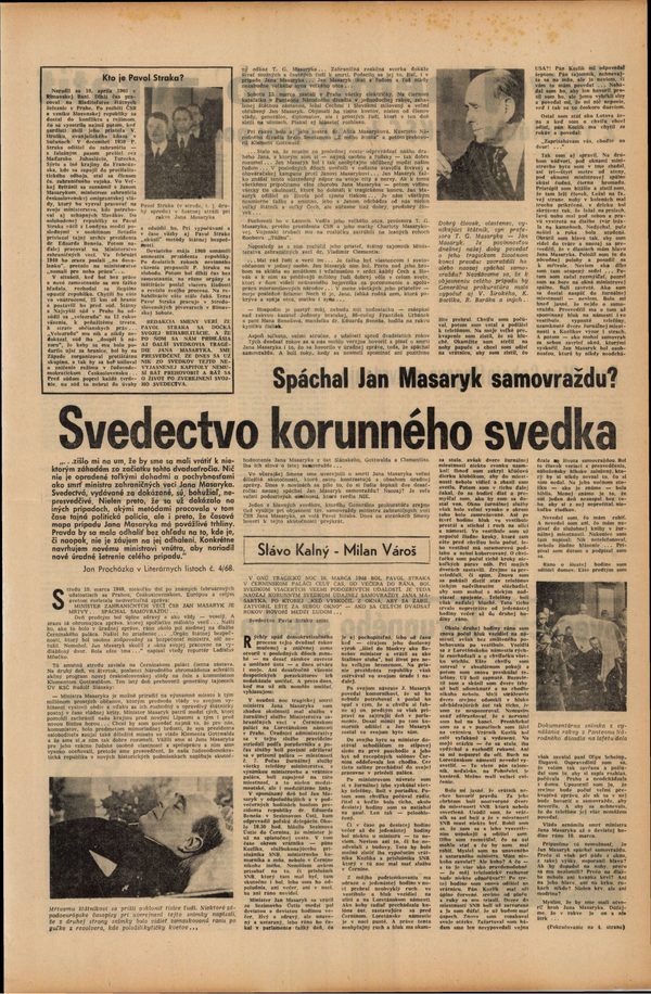A page of the Bratislava daily Smena of 6 April 1968 headed Svedectvo korunného svedka, the testimony of the crown witness, with a boxed column headed Kto je Pavol Straka and a photograph of him in the guard of honour at the coffin
