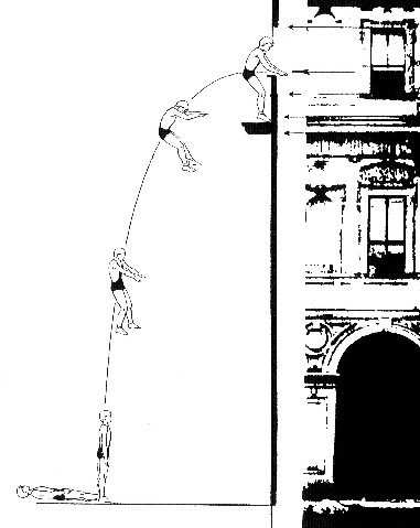 A line drawing beside a photographic section of the facade: a figure on the cornice, then the same figure drawn four times along a curve out from the wall and down to the paving, where it lies flat