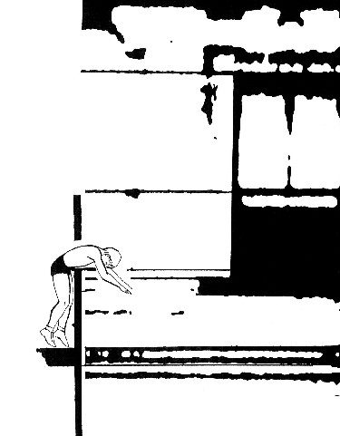 A line drawing over a photographic section of the facade: a figure standing on the narrow cornice below the window, bent forward at the waist, with an arrow drawn in from the right