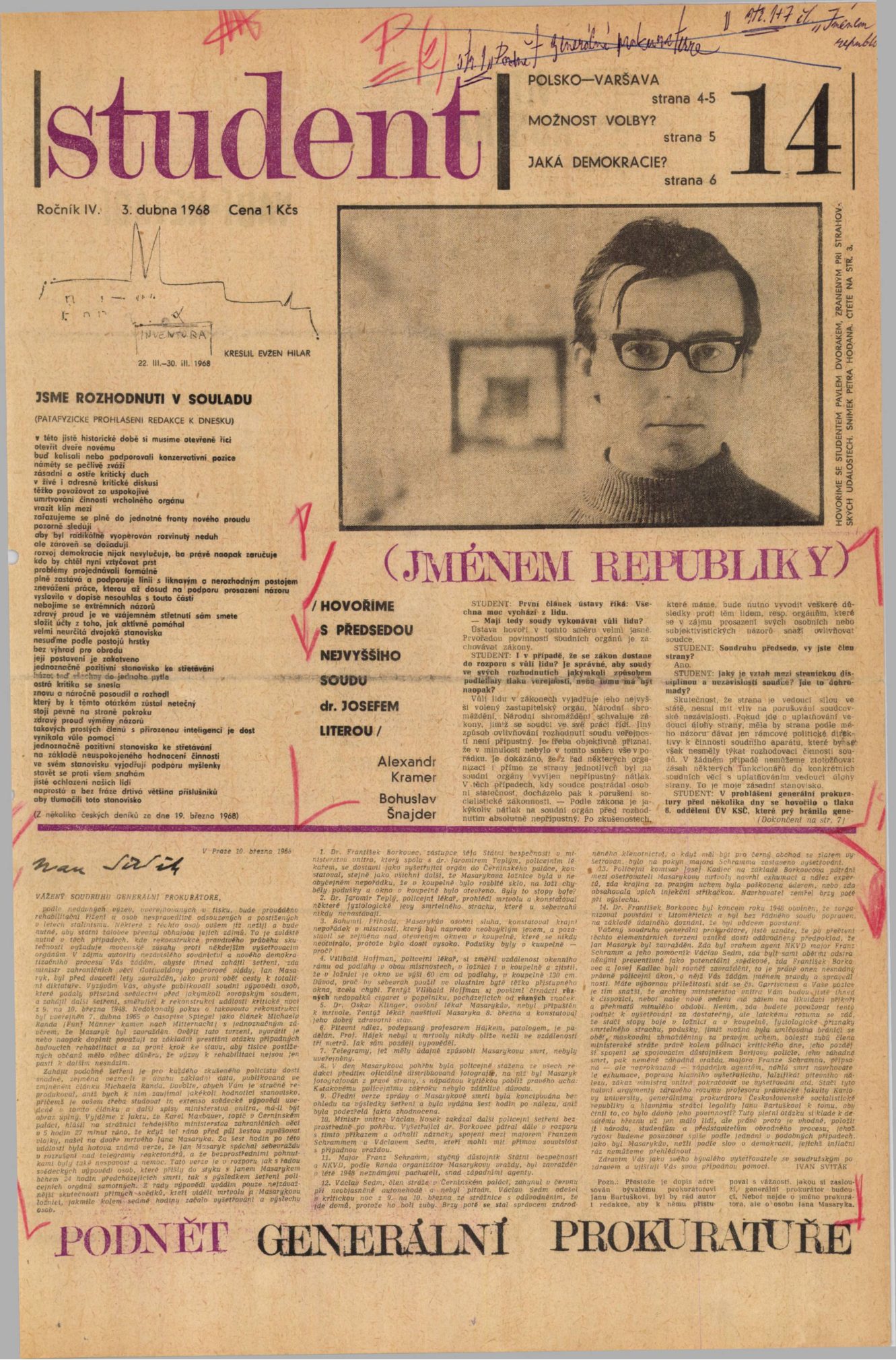 A page of the Prague weekly Student of 3 April 1968 carrying Ivan Sviták's open letter on the death of Jan Masaryk
