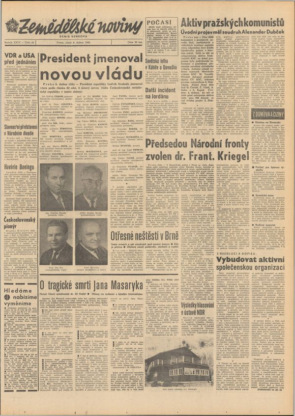 The front page of the Prague daily Zemědělské noviny of Tuesday 9 April 1968, carrying along its foot the interview headed O tragické smrti Jana Masaryka, on the tragic death of Jan Masaryk, with the chief investigator Dr Jiří Kotlář