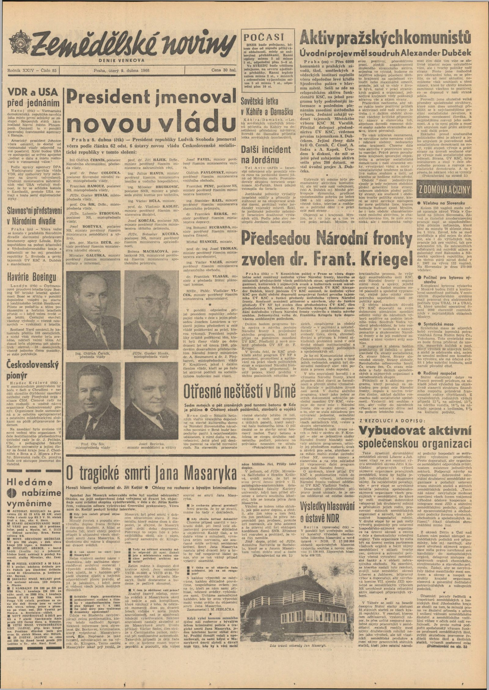 The front page of the Prague daily Zemědělské noviny of Tuesday 9 April 1968, carrying along its foot the interview headed O tragické smrti Jana Masaryka, on the tragic death of Jan Masaryk, with the chief investigator Dr Jiří Kotlář