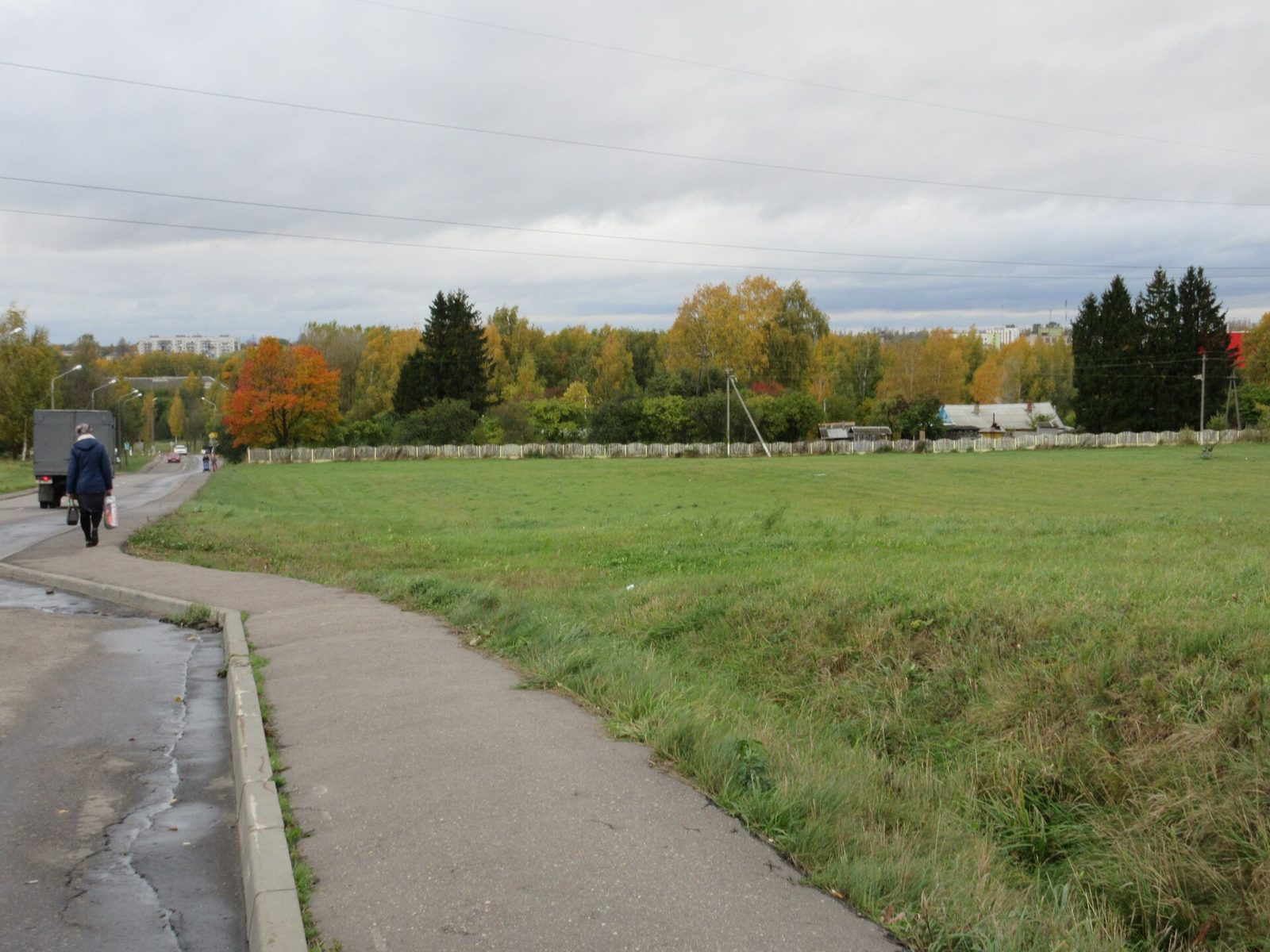 A road at the edge of a town with a wide grass field beside it, a woman walking away with shopping bags, wooden houses and autumn trees along the far side