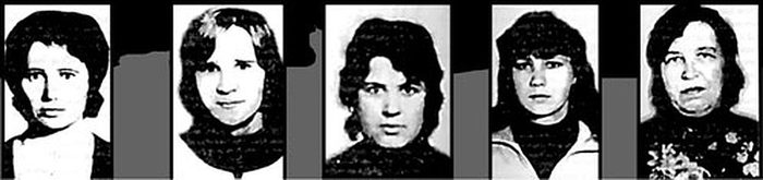 A strip of five portrait photographs of women in black and white, set side by side
