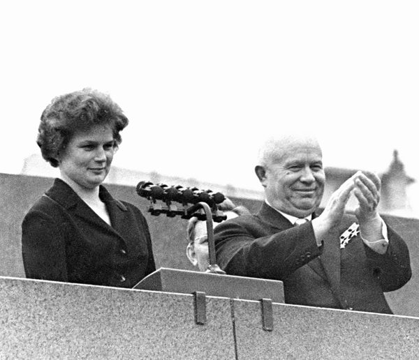Nikita Khrushchev at a rally in 1963, in a light suit, with Valentina Tereshkova beside him