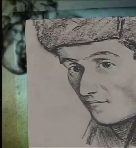 A pencil drawing on a large sheet: the head of a man in a fur hat, three quarter view, looking slightly to one side