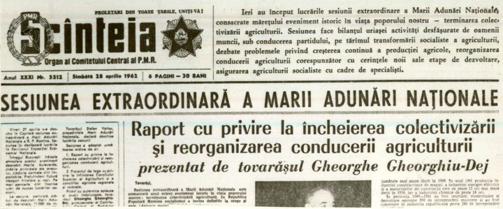 The front page of Scînteia, the daily of the Romanian Communist Party, of 28 April 1962