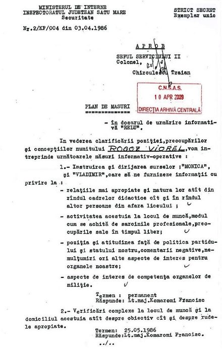 The first page of a Securitate informative surveillance plan: a typed dossier page headed Plan de urmarire informativa, with a handwritten approval at the top