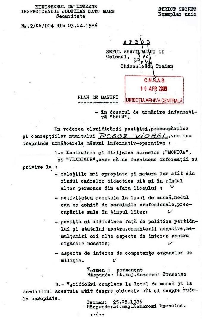 The first page of a Securitate informative surveillance plan: a typed dossier page headed Plan de urmarire informativa, with a handwritten approval at the top