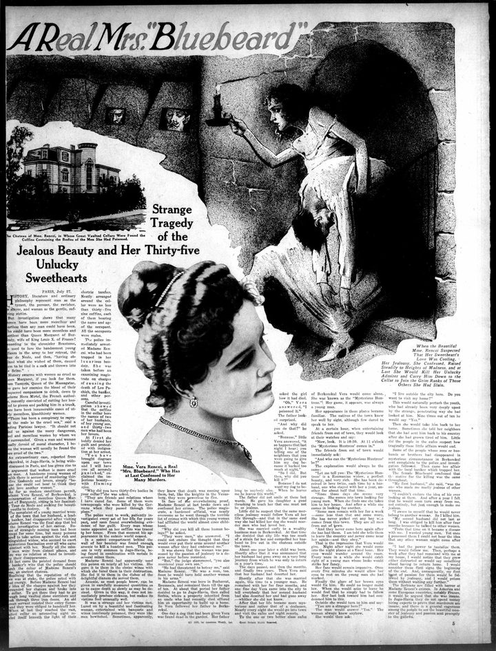 A full magazine page headed A Real Mrs. Bluebeard: an engraving of a country house captioned as the chateau of Mme. Renczi in whose great vaulted cellars the coffins were found, a drawing of a woman carrying a candle into a vaulted cellar, and a halftone photograph of a young woman captioned Mme. Vera Renczi, a Real Mrs. Bluebeard, Who Has at Last Confessed to Her Many Murders