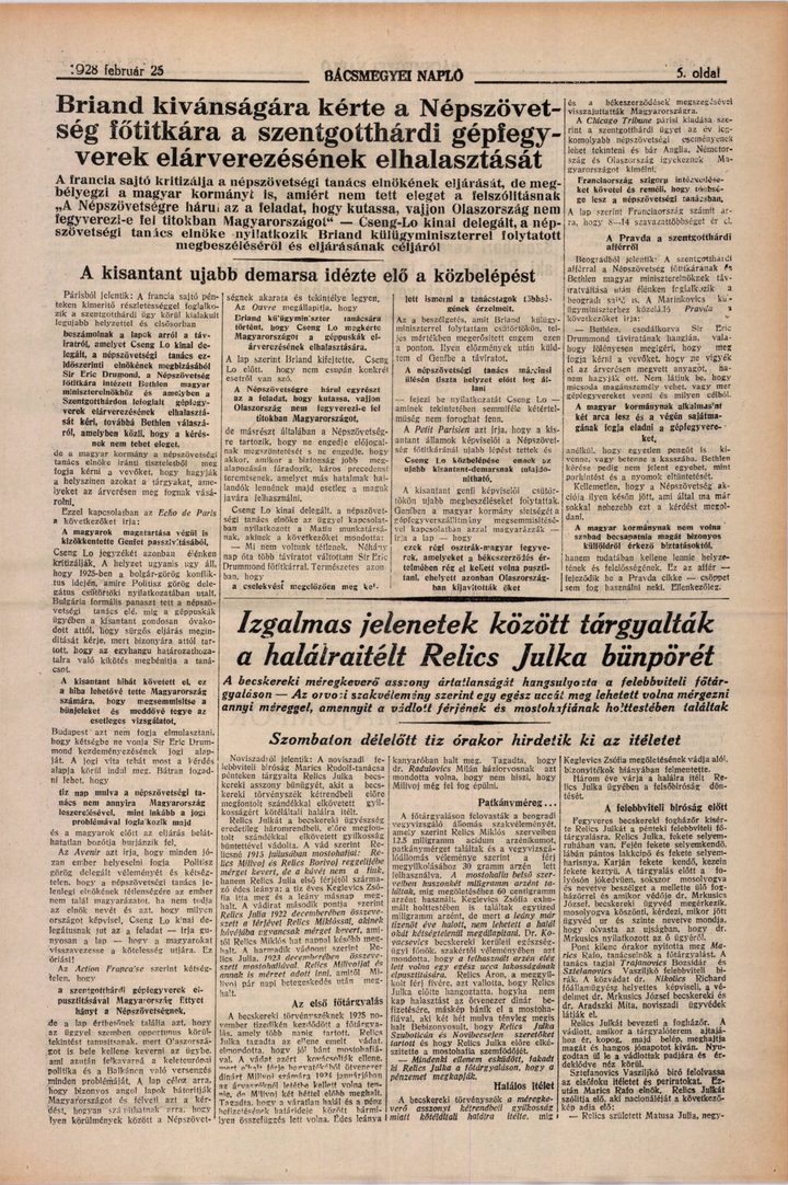 Page five of Bacsmegyei Naplo of 25 February 1928, its lower half given to a report headed Izgalmas jelenetek között tárgyalták a halálraitélt Relics Julka bünpörét, the case of the condemned Relics Julka heard amid excited scenes, with a line saying the decision will be announced at ten on Saturday morning