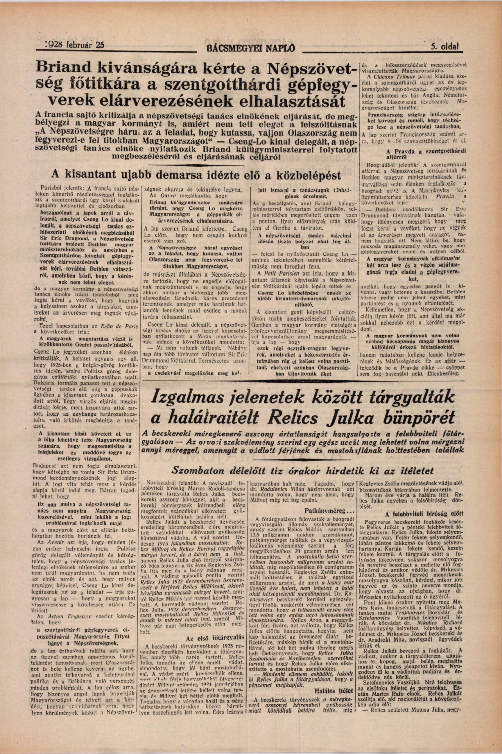 Page five of Bacsmegyei Naplo of 25 February 1928, its lower half given to a report headed Izgalmas jelenetek között tárgyalták a halálraitélt Relics Julka bünpörét, the case of the condemned Relics Julka heard amid excited scenes, with a line saying the decision will be announced at ten on Saturday morning