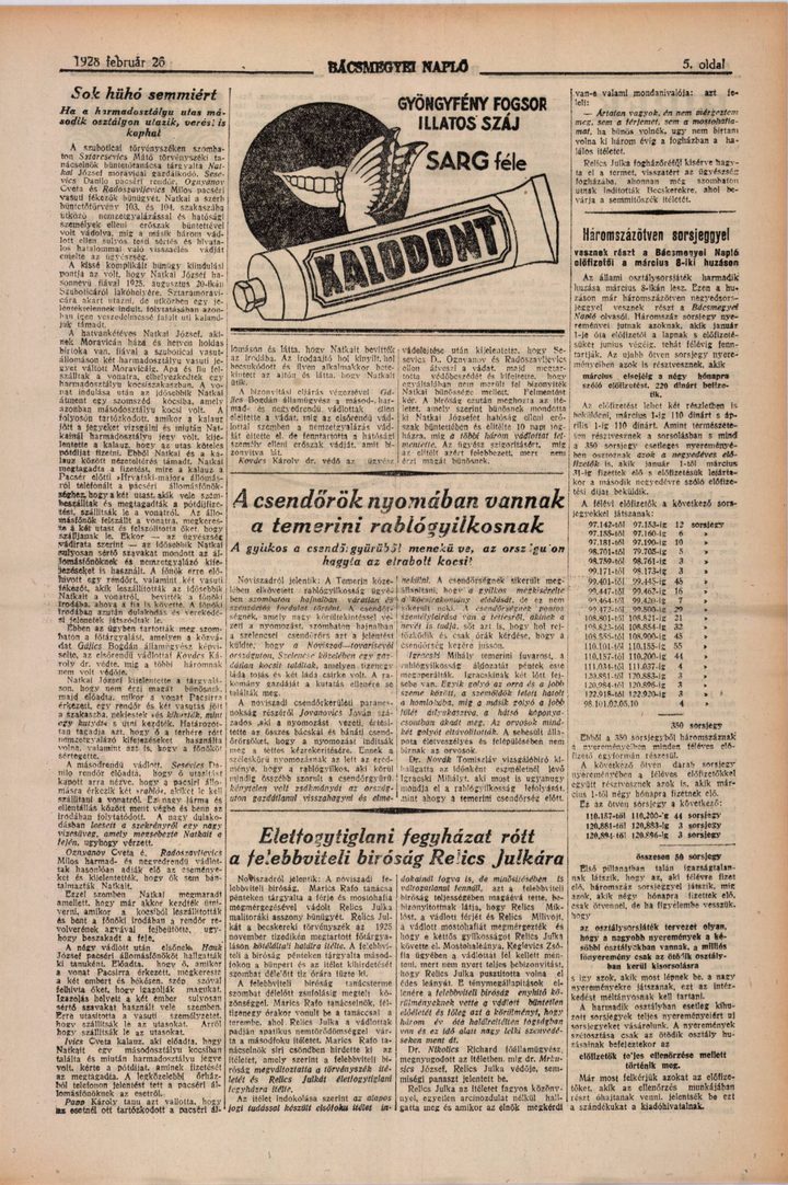 A page of Bacsmegyei Naplo of 26 February 1928 carrying the appeal court's decision in the Relics Julka case