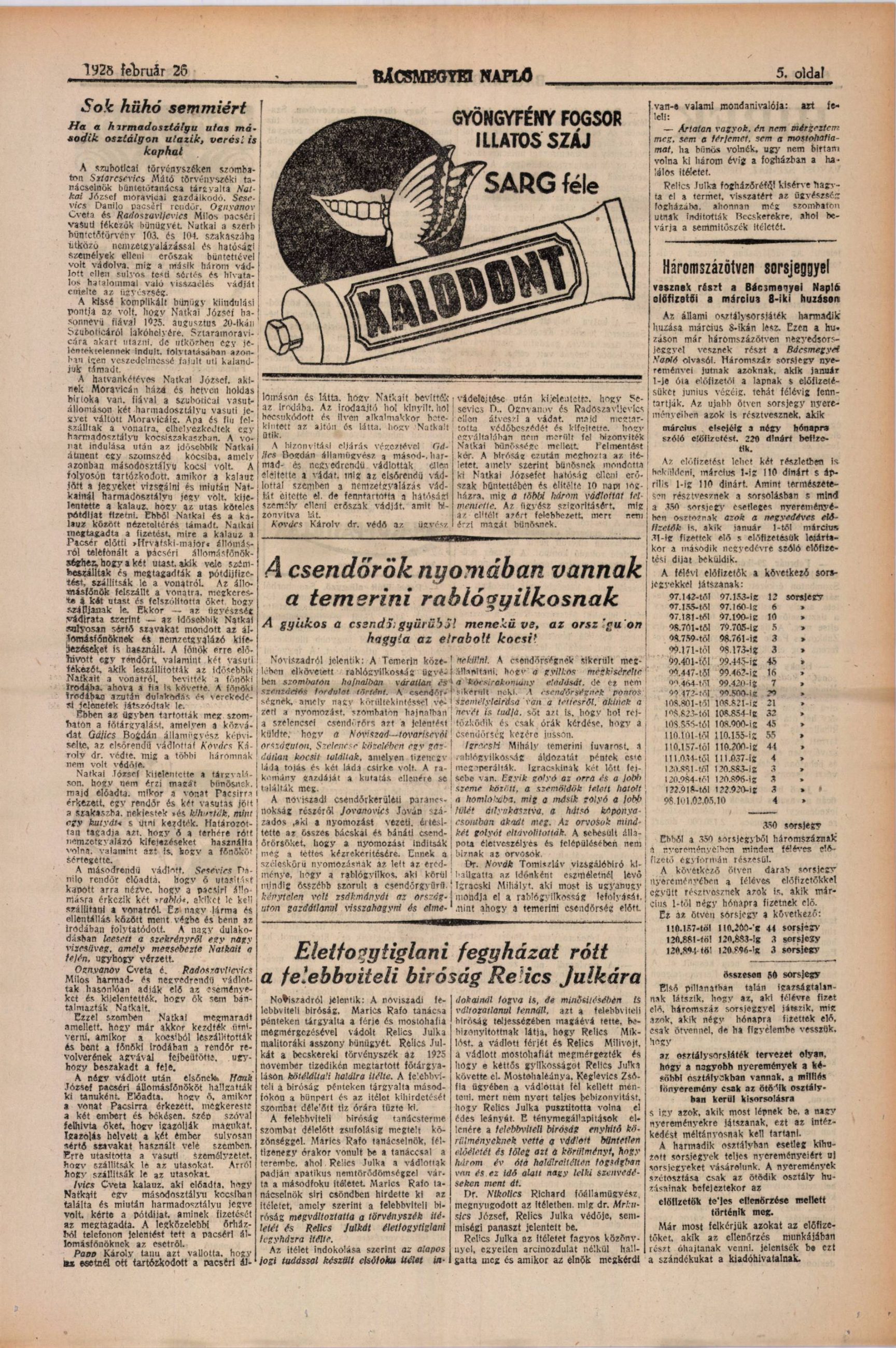 A page of Bacsmegyei Naplo of 26 February 1928 carrying the appeal court's decision in the Relics Julka case