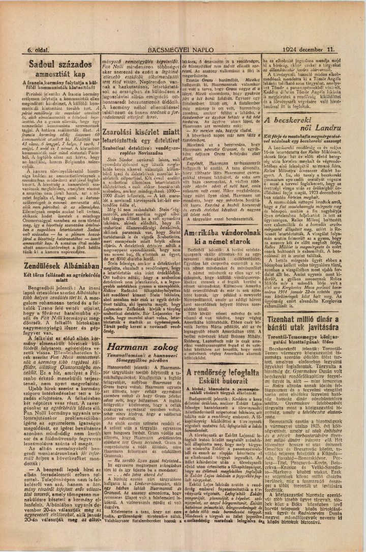 Page six of the Hungarian language daily Bacsmegyei Naplo of 11 December 1924, its last column headed A becskereki női Landru, the female Landru of Beckerek, reporting the arrest of the widow Relics on the sixteenth of May, the will, and the exhumation of her stepson