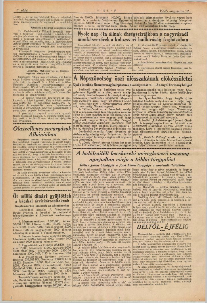 A page of the Subotica daily Hirlap of 1926 carrying the story of the guard at the Beckerek jail