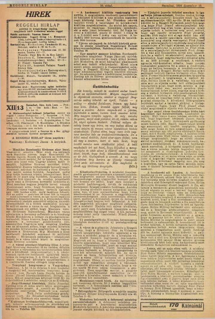 Page ten of the Miskolc daily Reggeli Hirlap of Saturday 13 December 1924, a news page whose right hand column carries a short item headed A becskereki női Landru