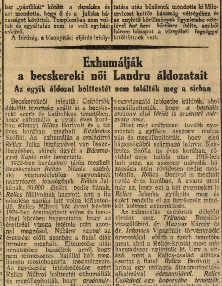 A Hungarian newspaper article headed Exhumálják a becskereki női Landru áldozatait, with a second line saying that one victim's body was not found in the grave, reporting the commission that went on Thursday morning to the Serbian and the Catholic cemeteries at Beckerek