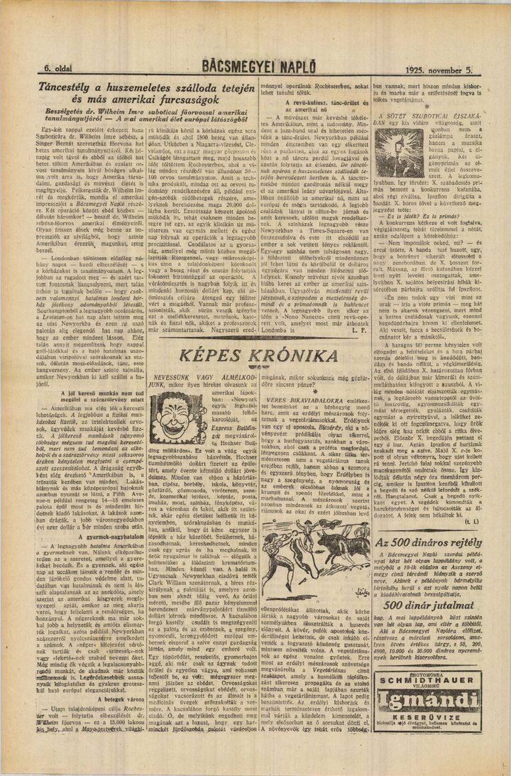 A page of Bacsmegyei Naplo of 5 November 1925 carrying the notice about the seats for the coming trial at Beckerek