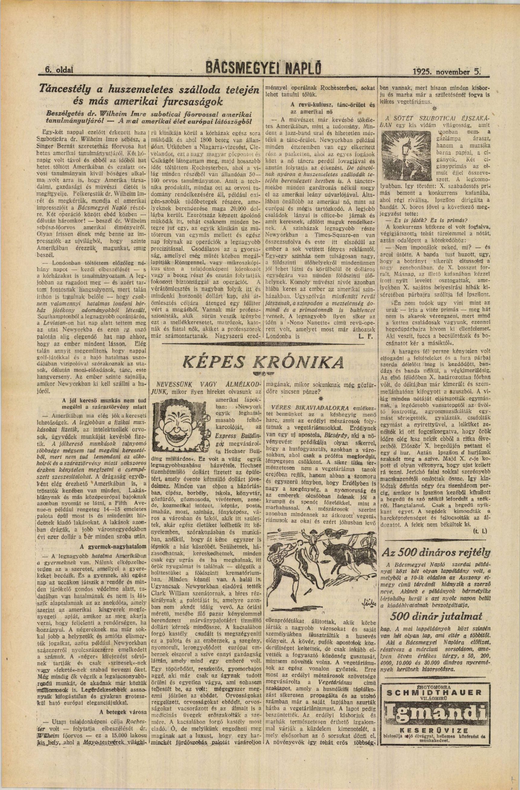 A page of Bacsmegyei Naplo of 5 November 1925 carrying the notice about the seats for the coming trial at Beckerek