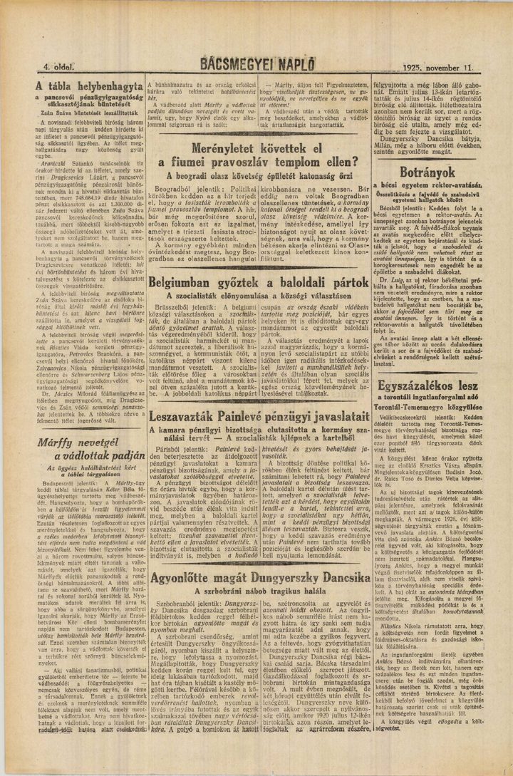 A page of Bacsmegyei Naplo of 11 November 1925 reporting the opening day of the trial at Beckerek