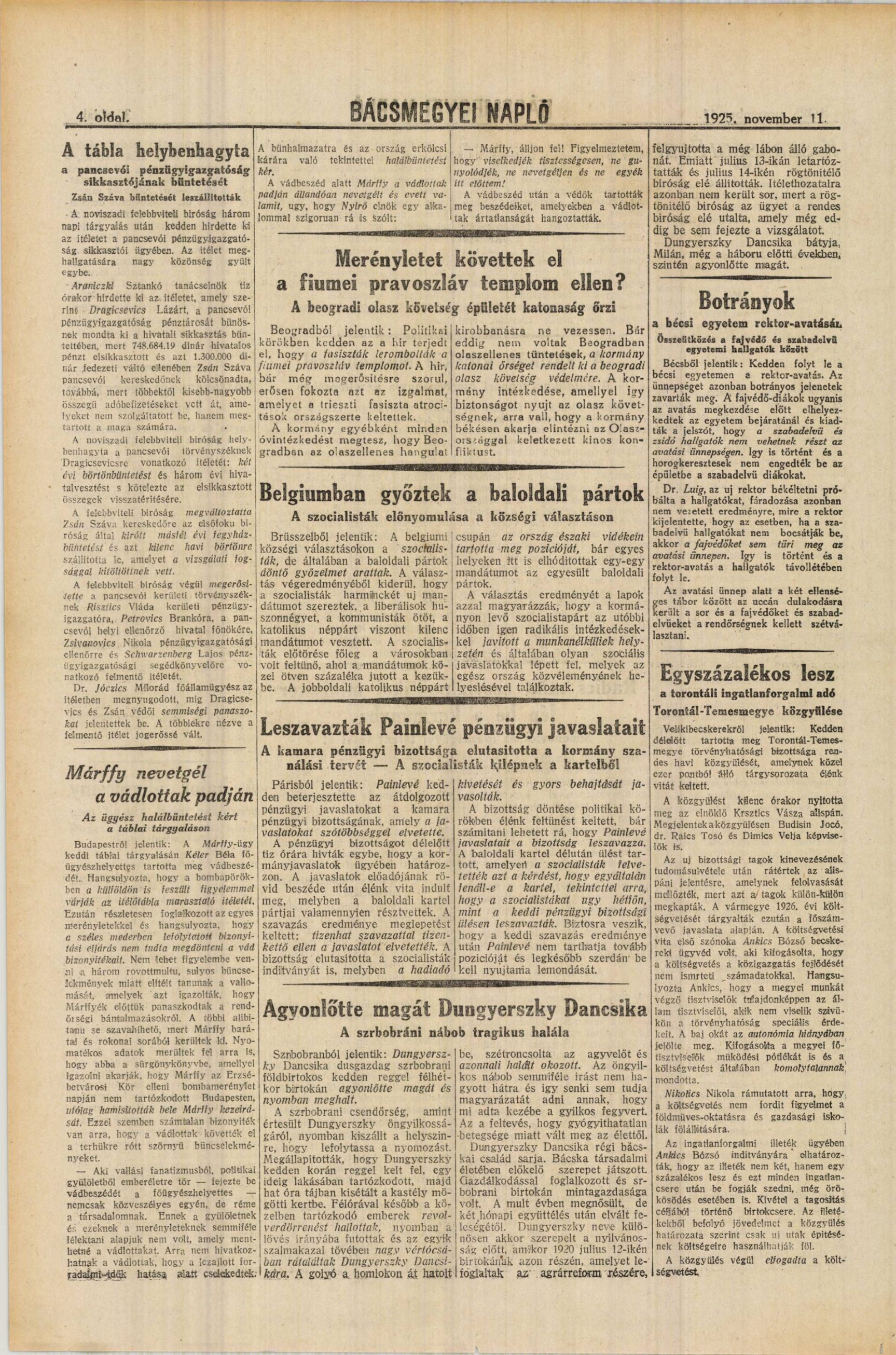 A page of Bacsmegyei Naplo of 11 November 1925 reporting the opening day of the trial at Beckerek