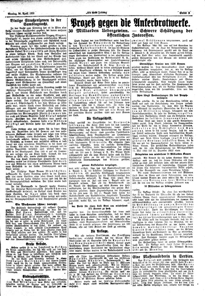 A page of the Vienna paper Die Neue Zeitung of 20 April 1925, set in German