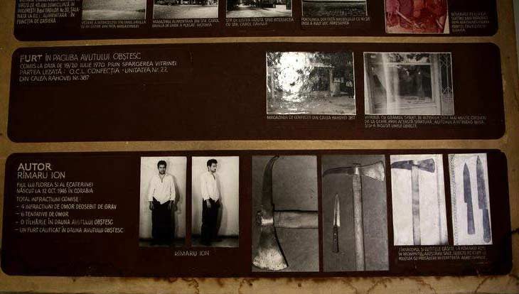 A Militia case presentation board: a panel headed AUTOR RIMARU ION with his parents' names and birth date, two full length photographs of him labelled RIMARU ION, photographs of the weapons (a hatchet, an axe, knives), and above them a panel headed FURT IN PAGUBA AVUTULUI OBSTESC, theft from public property