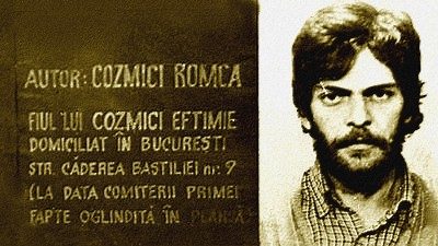 A dark case file card lettered in Romanian, author Cozmici Romca, son of Cozmici Eftimie, resident in Bucharest, Caderea Bastiliei street number 9, set beside his police photograph