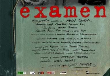 Film poster with the title examen in red script on a weathered green wall, above the cast and crew credit block ending with a film by Titus Muntean